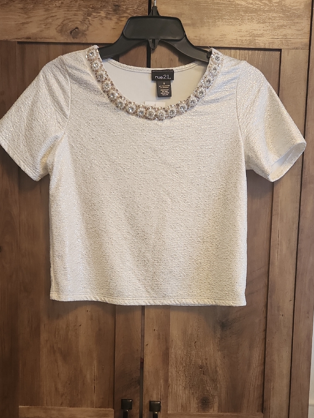Rue21 Ivory Sparkly Shiny Shimmery Top with Jeweled Scoop Neckline